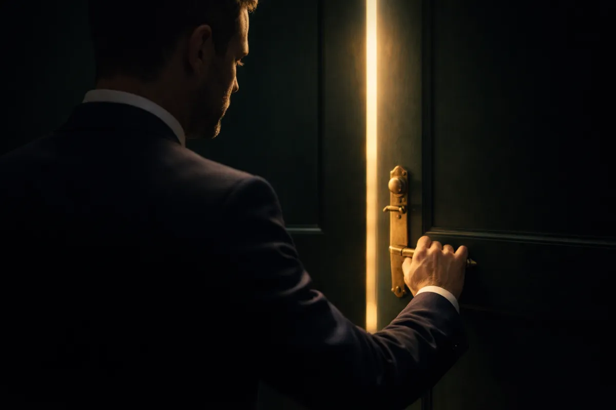 A professional man in a dark suit opening a green door, with warm golden light visible through the gap — representing hidden financial opportunity unlocked for qualifying businesses.