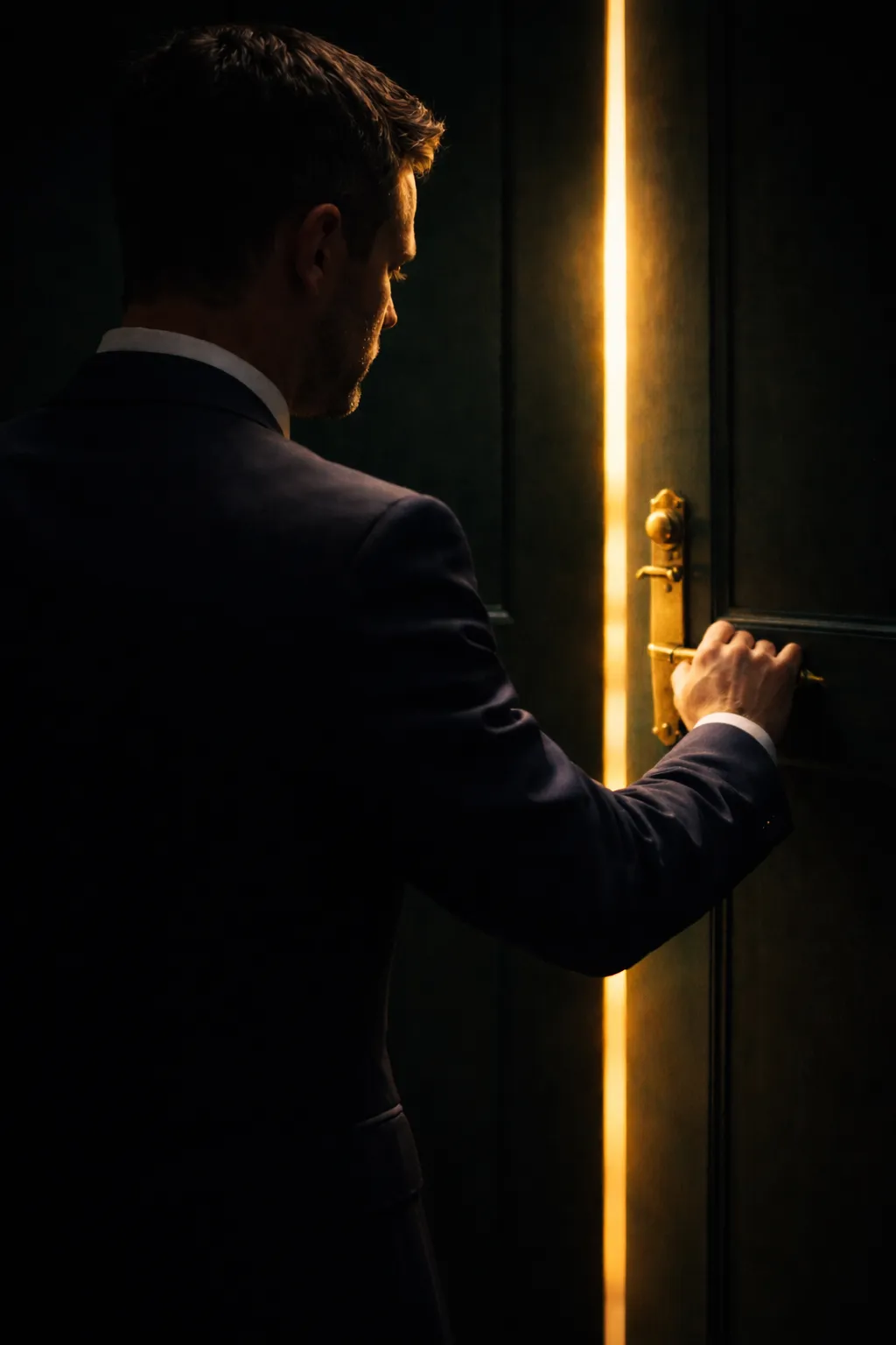 A professional man in a dark suit opening a green door, with warm golden light visible through the gap — representing hidden financial opportunity unlocked for qualifying businesses.