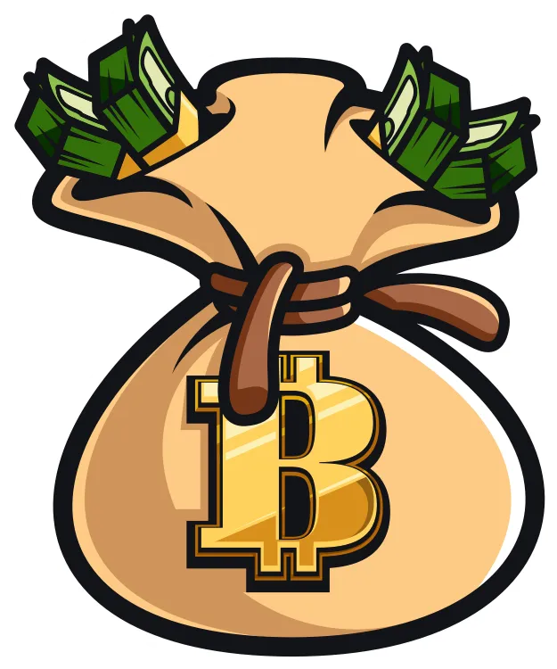  a logo a bag of money with the letter B that looks like a dollar sign embossed with gold and there are bills coming from the top and a rope that is tied around the neck of the bag to close