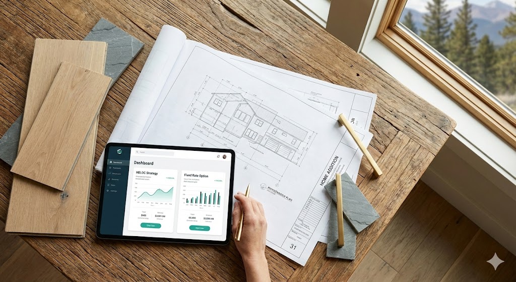 Wooden family figures and house with keys on table.