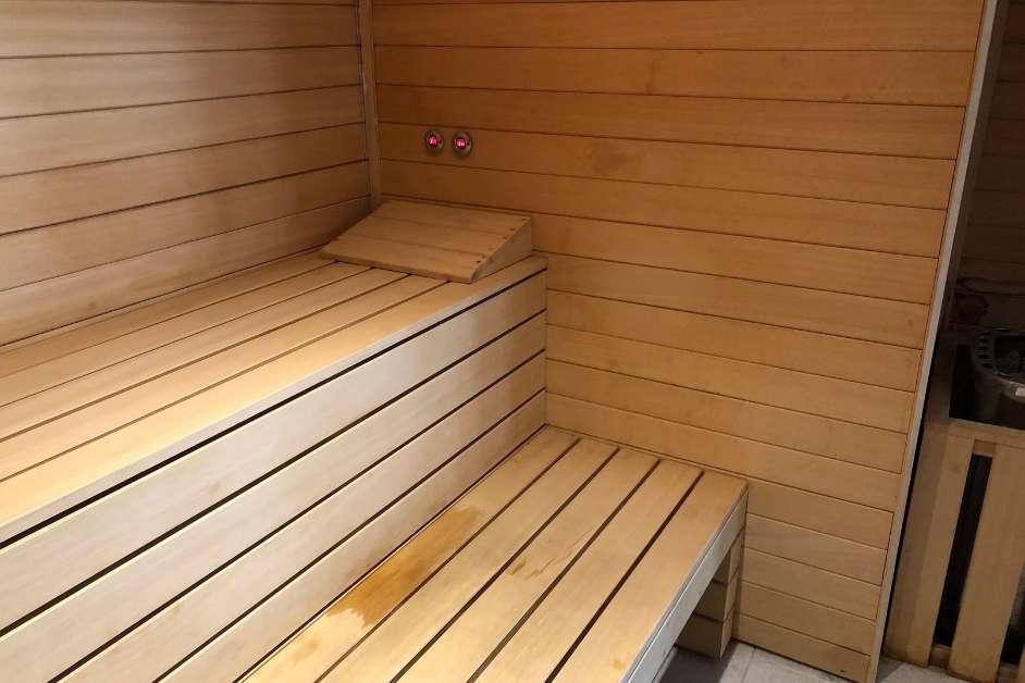 Hemlock sauna interior in Western North Carolina home