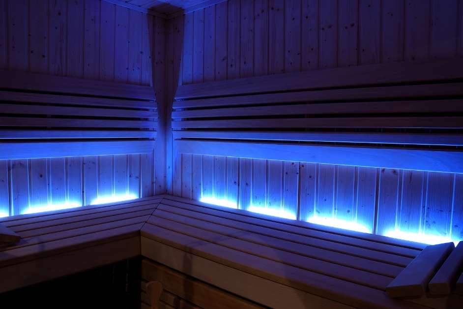 Infrared sauna interior with purple LED