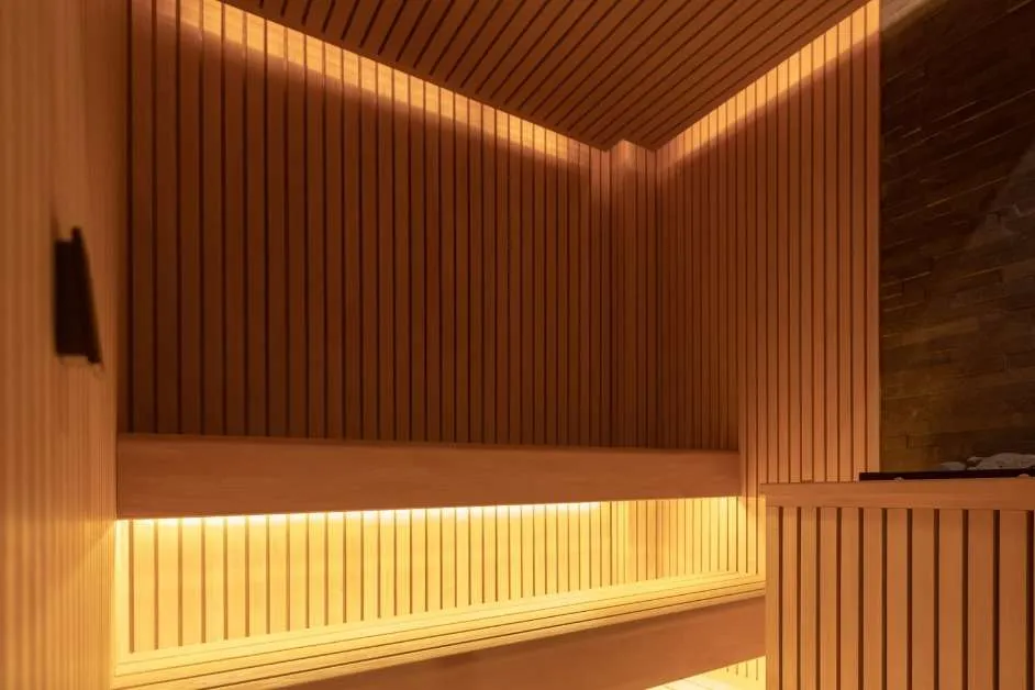 Modern custom sauna with wood benches