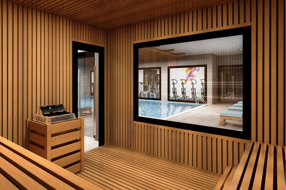 Custom indoor sauna interior with hemlock benches