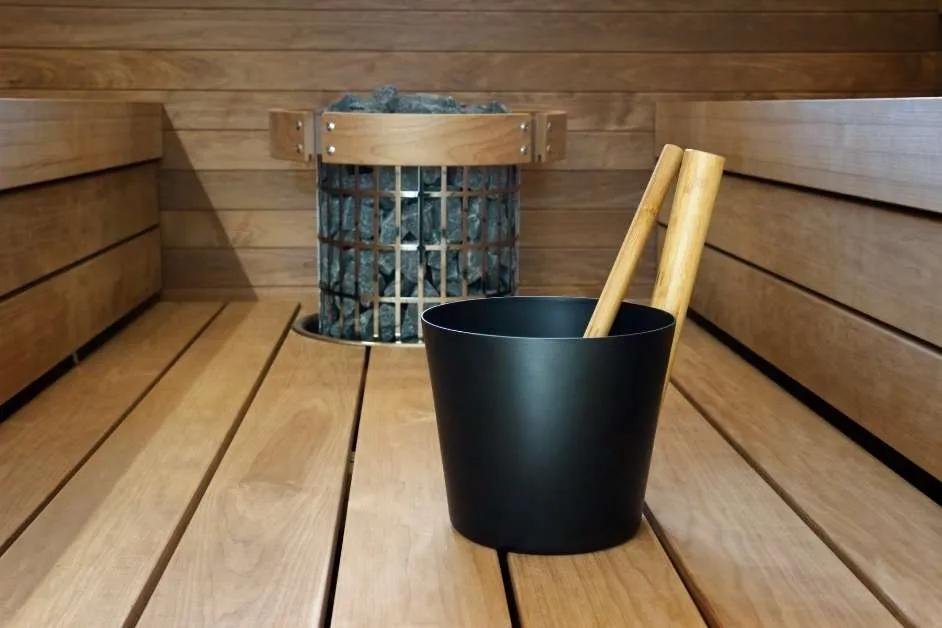 Custom sauna interior with tiered wood benches