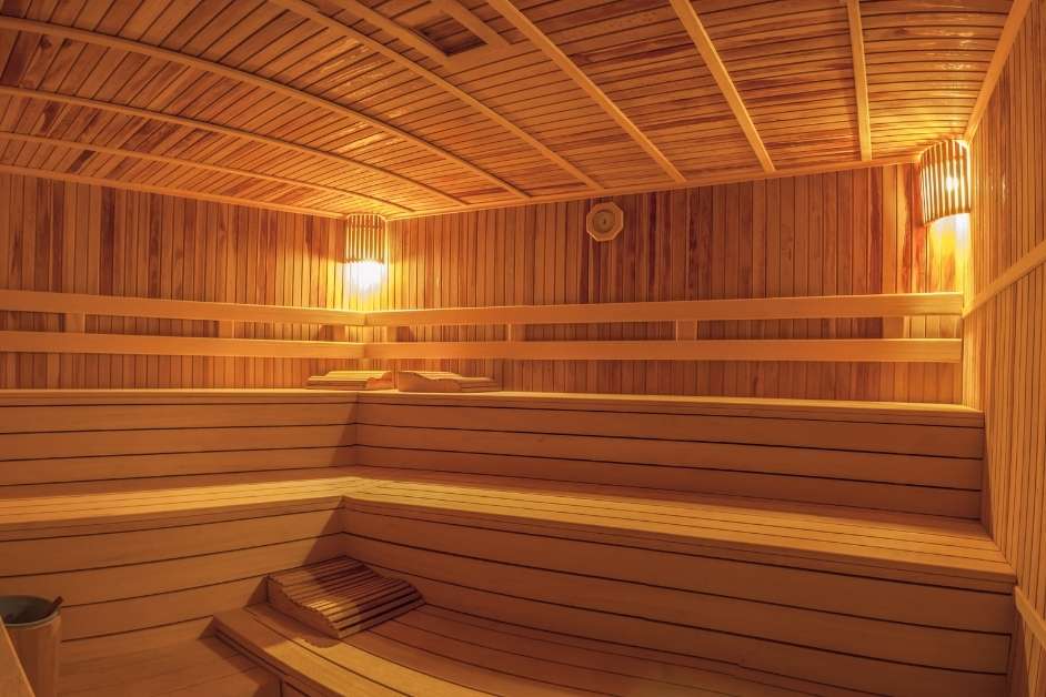 Indoor sauna interior bench and wood detail Asheville