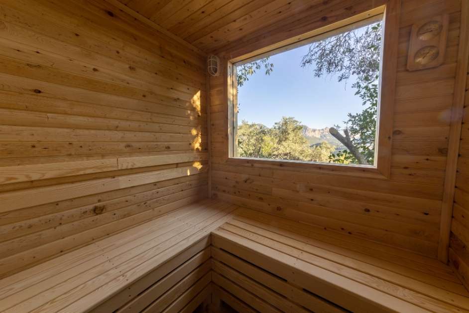 Modern outdoor sauna large window nature view