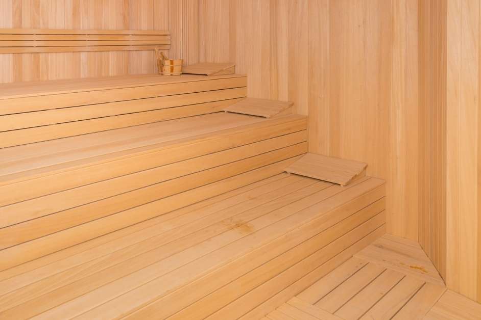 Light cedar sauna interior wide angle bright Richmond