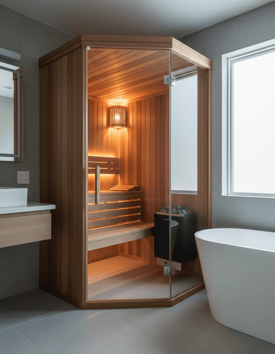 Pre-built sauna unit beside bathtub Richmond VA