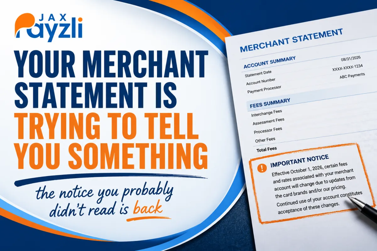 Jax Payzli blog graphic reminding business owners to check their merchant statement for important notices about October payment processing fee and rate changes tied to the Fall Release
