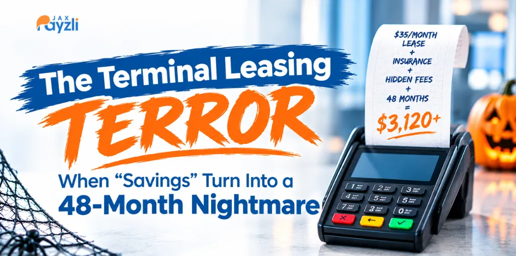 Payment terminal with a long receipt illustrating the hidden costs of a 48-month terminal lease