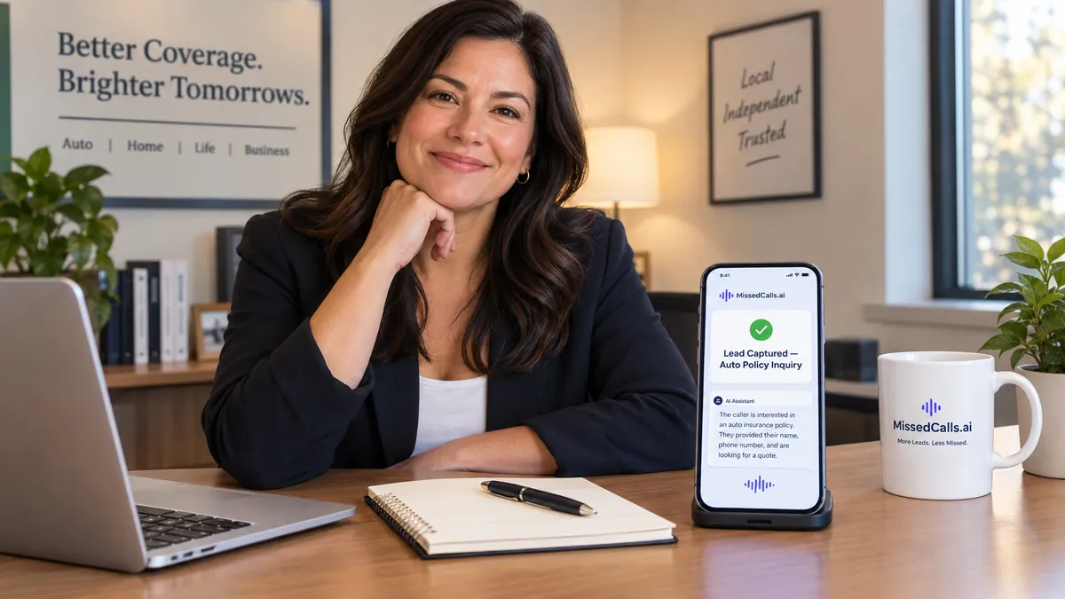 Independent insurance agent at desk with smartphone displaying AI lead capture notification for a new auto policy inquiry — MissedCalls.ai AI phone answering for insurance agencies