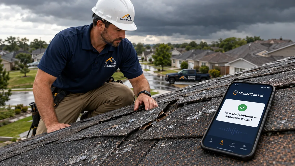 Roofing contractor inspecting storm-damaged shingles on a residential roof with a smartphone nearby displaying a MissedCalls.ai AI answering notification showing a new lead captured and inspection booked — AI phone answering for roofing companies during storm season