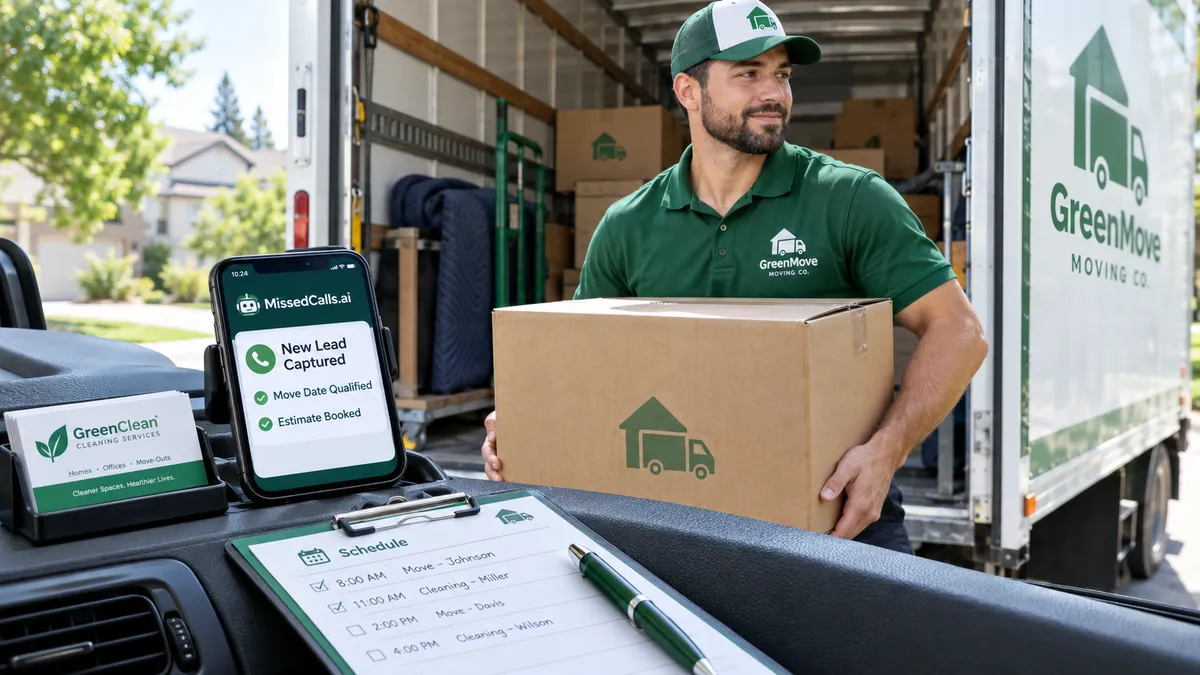 Moving company owner carrying boxes with smartphone on truck dashboard showing MissedCalls.ai AI lead capture notification — AI phone answering for moving and cleaning companies