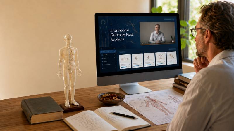main image for the International Gallstones Flush Academy showing a student studying online