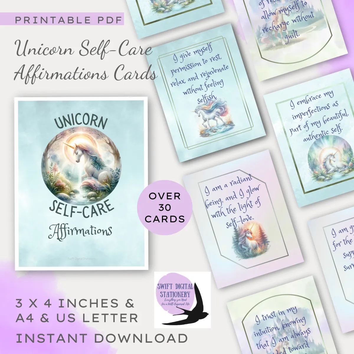 image of the unicorn slef care affirmaitons and some of the cards you receive