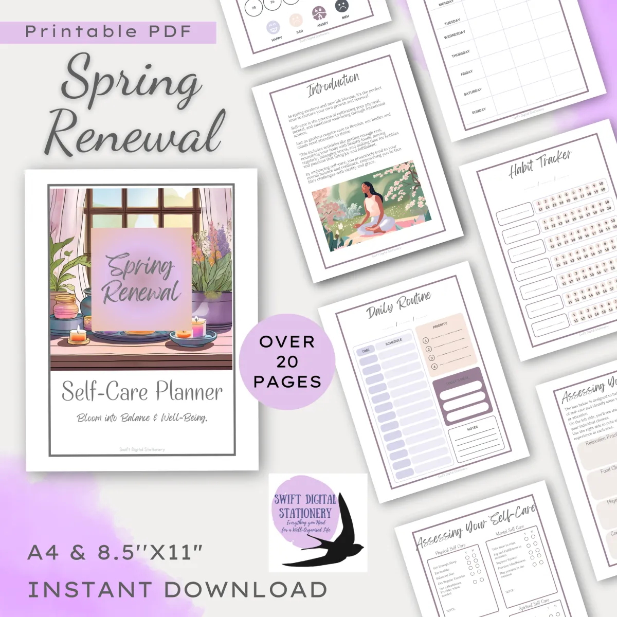 Cover for spring renewal self care planner with pages from the planner