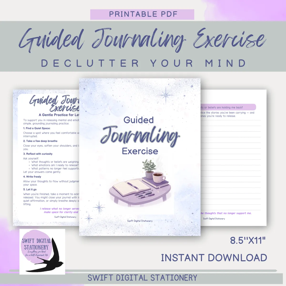 Mckup showing pages from the guided jouranling exercise product that wit is an instant download and in us letter size