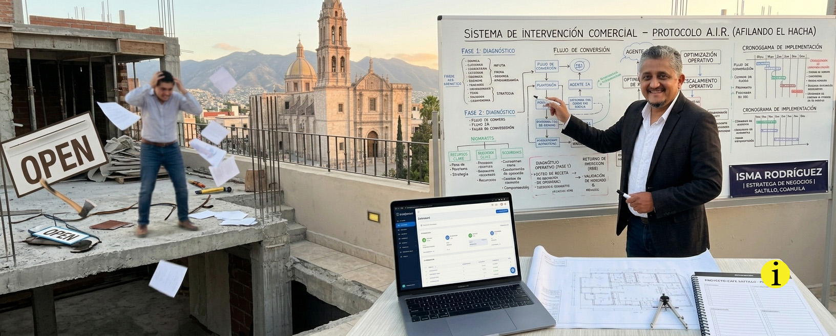 El estratega de negocios Isma Rodríguez presenta su "Protocolo A.I.R." y "Sistema de Intervención Comercial" en una azotea de Saltillo. Isma señala una pizarra con diagramas detallados junto a laptops mostrando dashboards de GHL.  Una escena contrastante muestra el caos de la improvisación frente a la estrategia organizada.