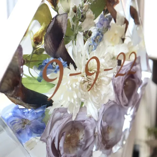 wedding bouquet preserved in resin with gold wedding date