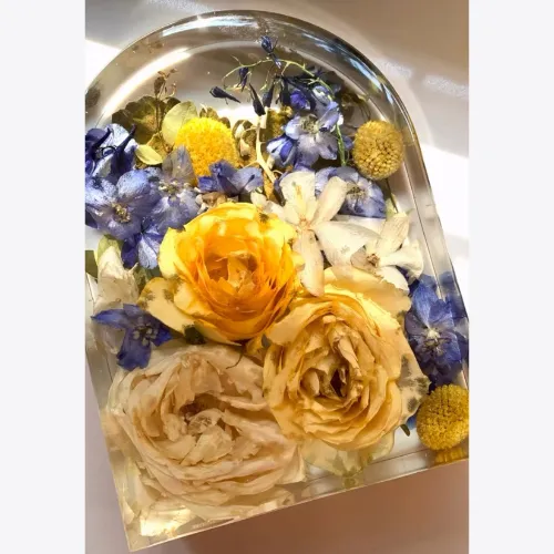 wedding bouquet preserved in resin with gold wedding date