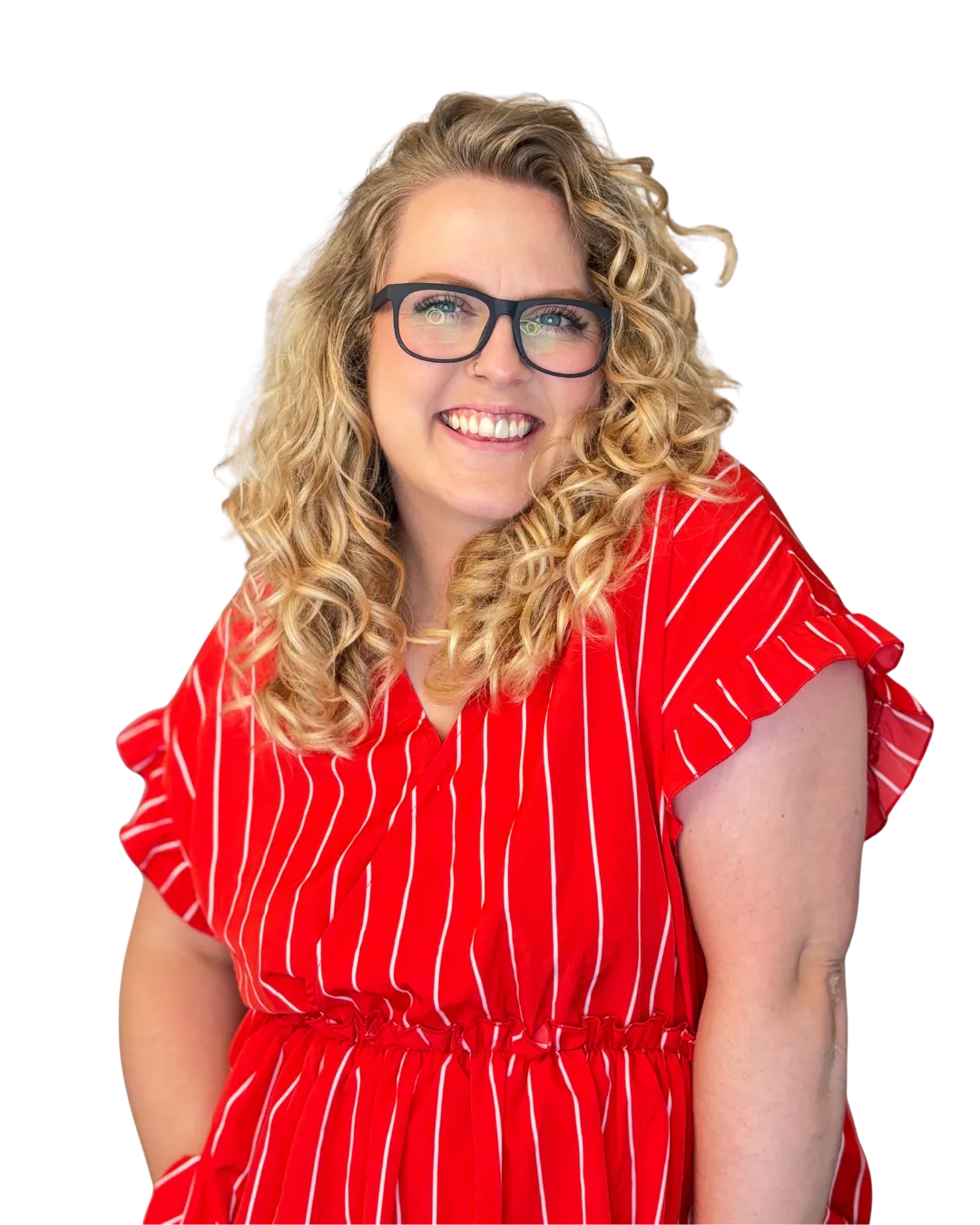 Lauren the blonde woman stands to one side smiling widely at the camera with her glasses on and a bright red shirt. 
