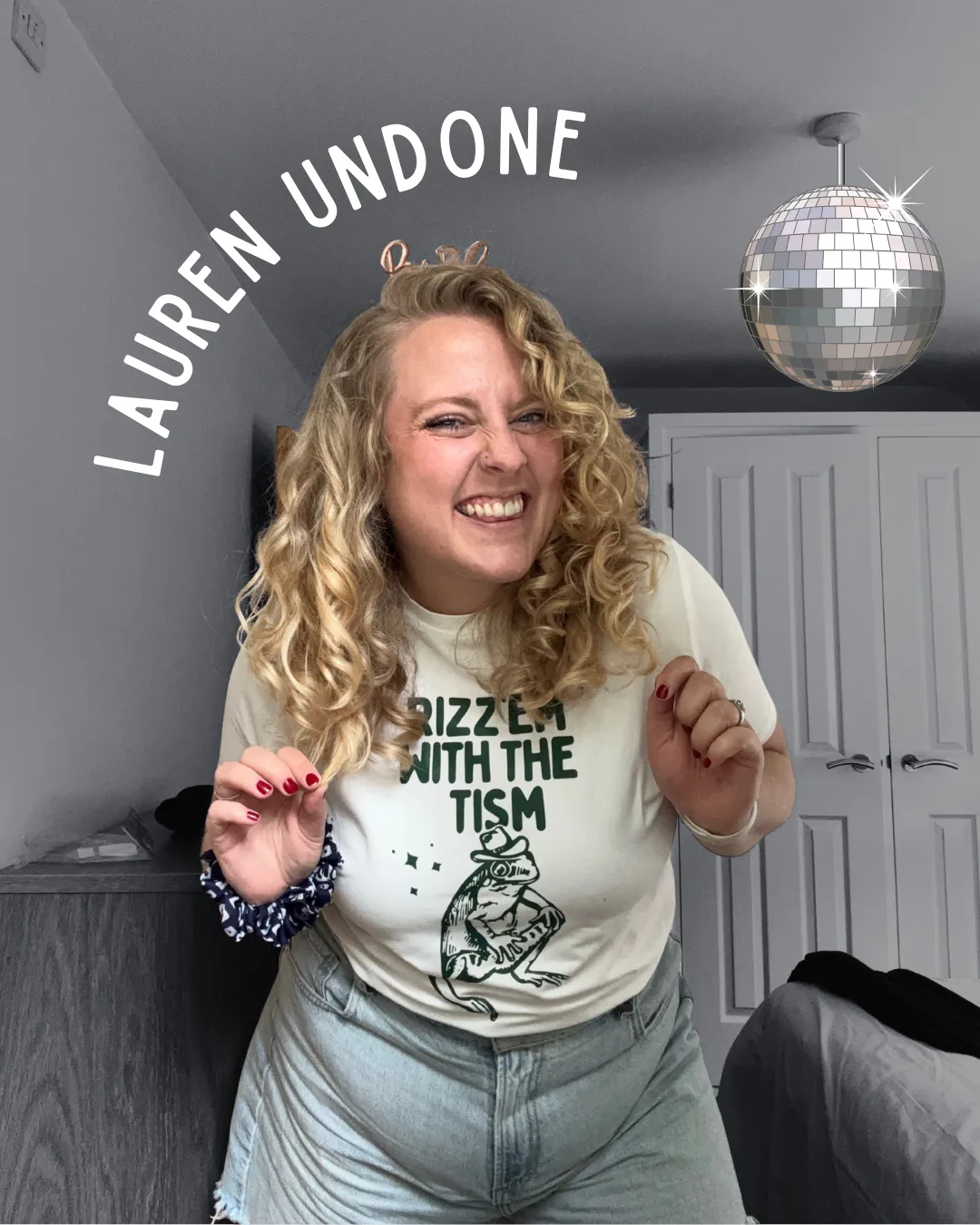 With a black and white background, a woman in full colour is stood in the centre of the image. She is wearing a t-shirt with a green icon of a frog wearing a cowboy hat and the words 'Rizz em with the tism' across. She has a bride headband in rose gold. She has blonde curly hair. Above her across the image in white text are the words The Restoration Strategist, and to the top right of the image is a graphic of a disco ball.