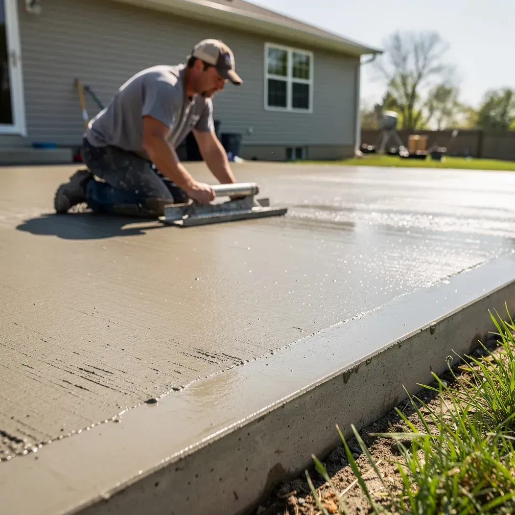 Fresh concrete slab in sharp focus with a contractor wearing a hat working in the distance on a sunny day in Kent, Ohio