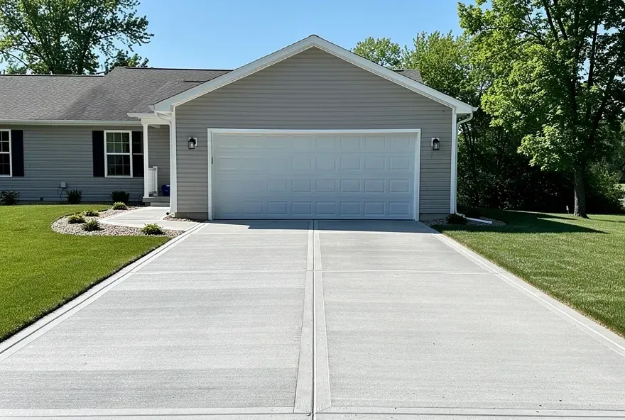 Freshly finished concrete driveway leading up to a two-car garage door on a modest home in Kent, Ohio