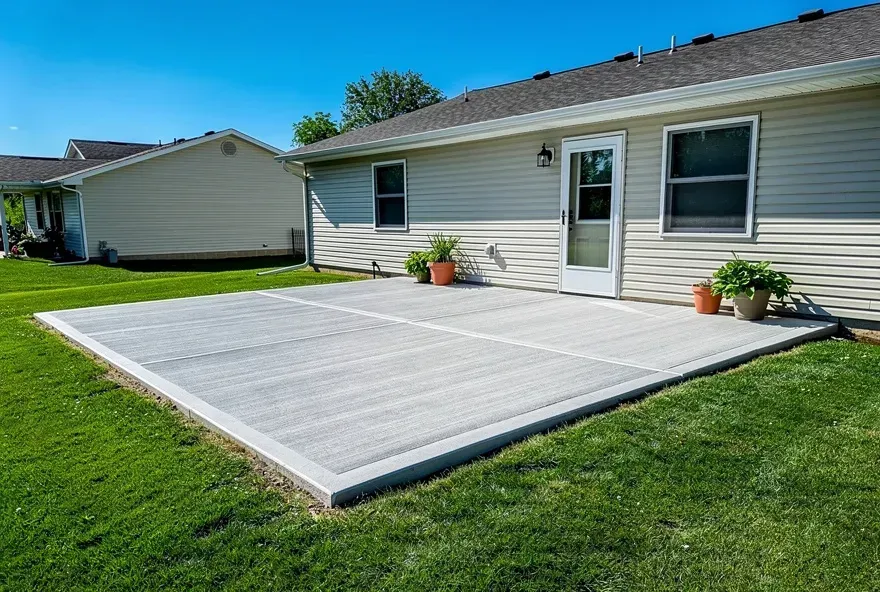 Freshly finished concrete patio attached to the back of a modest residential home on a sunny day in Kent, Ohio