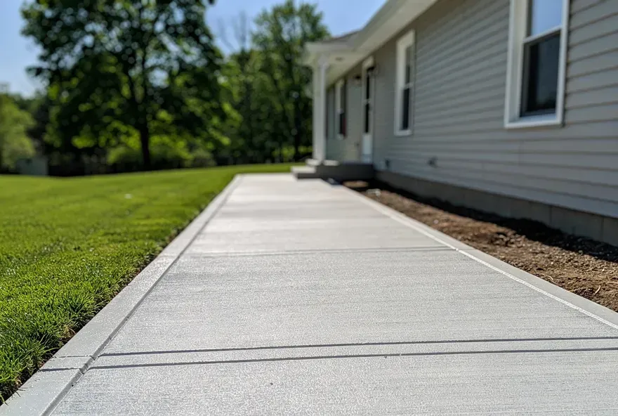 A freshly poured and finished concrete sidewalk running along the front of a modest home in Kent, Ohio, on a sunny day.