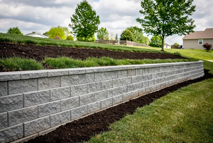 Neatly finished concrete block retaining wall along the edge of a residential property in Kent, Ohio
