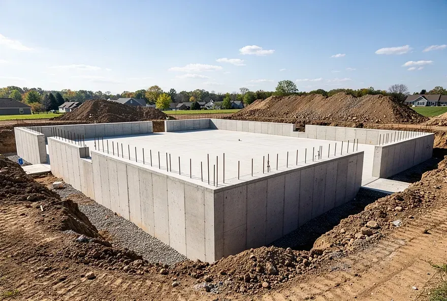 Freshly poured reinforced concrete foundation for a residential home on a sunny day in Kent, Ohio