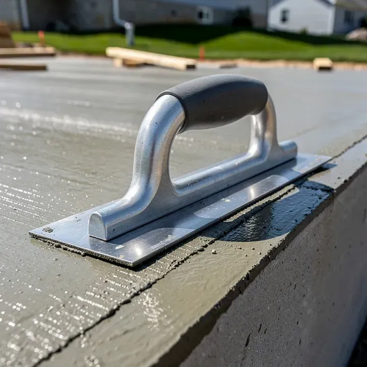 Concrete finishing tools including a trowel and edger resting on the edge of a freshly poured slab at a job site in Kent, Ohio