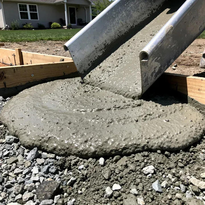 Close-up of wet concrete being poured from a metal chute onto a prepared base at a residential job site in Kent, Ohio