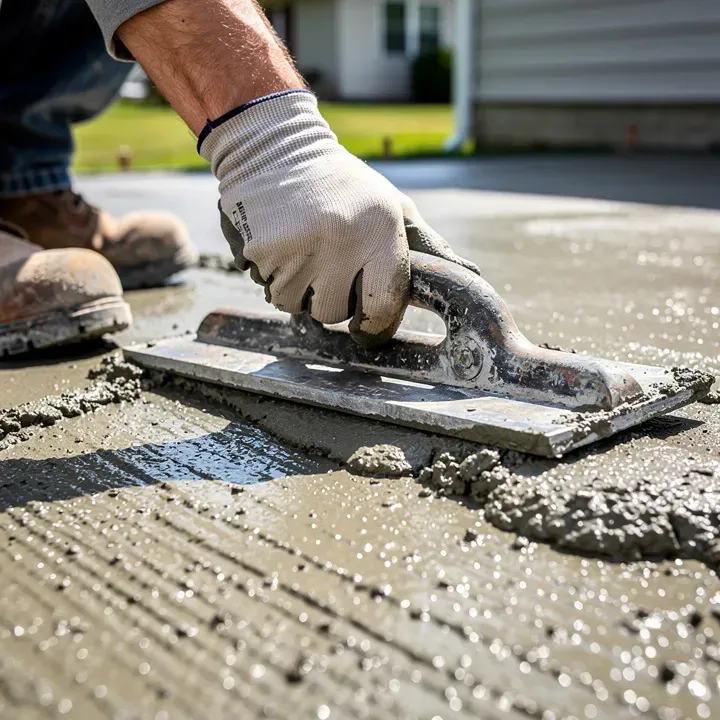 Close-up of a contractor's gloved hands using a steel hand float to finish a fresh concrete slab in Kent, Ohio