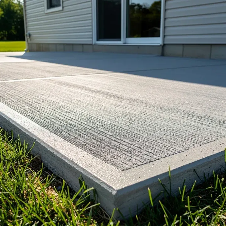 Close-up of a freshly finished brushed concrete patio surface attached to the back of a modest home in Kent, Ohio