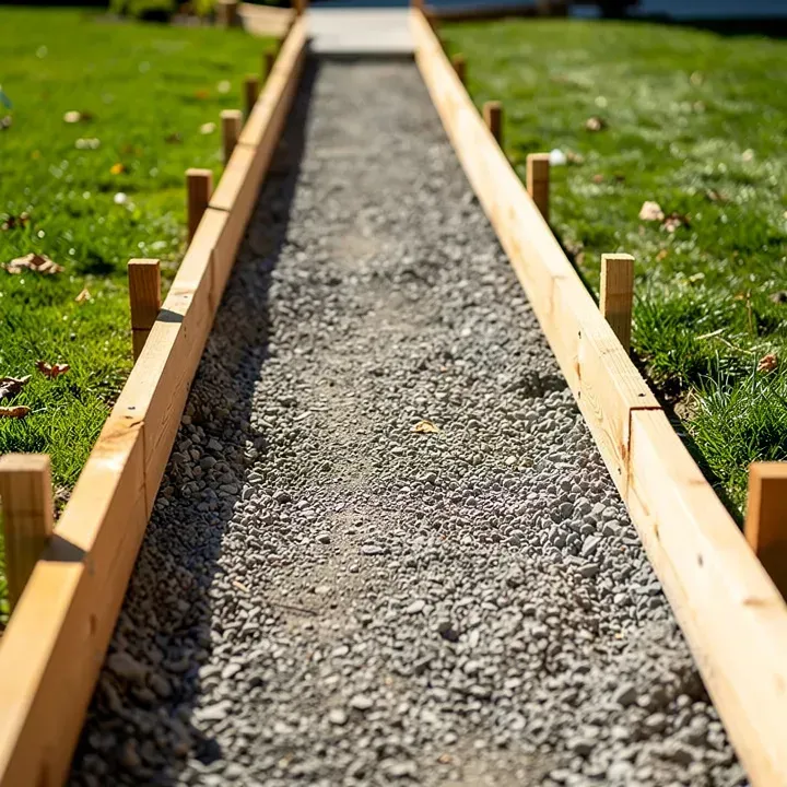 Prepared concrete sidewalk form with compacted gravel base inside wooden form boards ready for pouring at a residential property in Kent, Ohio