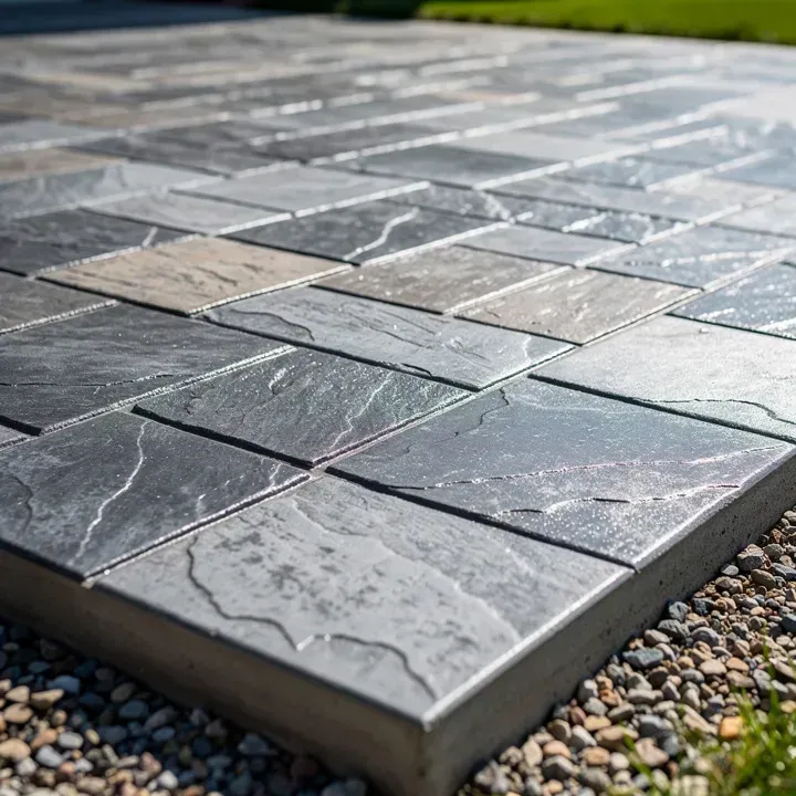 Close-up of a freshly stamped concrete surface with an ashlar slate pattern in charcoal and slate grey tones at a residential property in Kent, Ohio