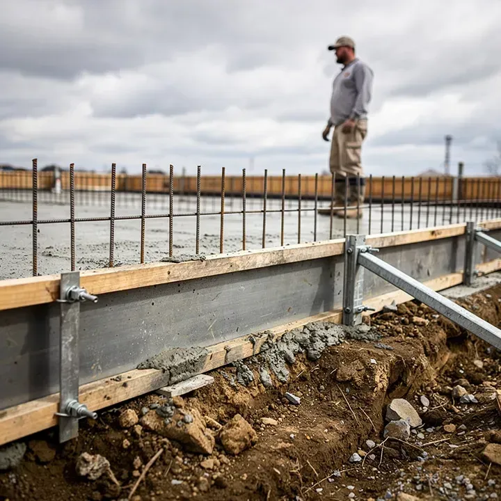 Residential concrete foundation wall form filled with fresh concrete with a contractor standing in the background on a cloudy day in Kent, Ohio