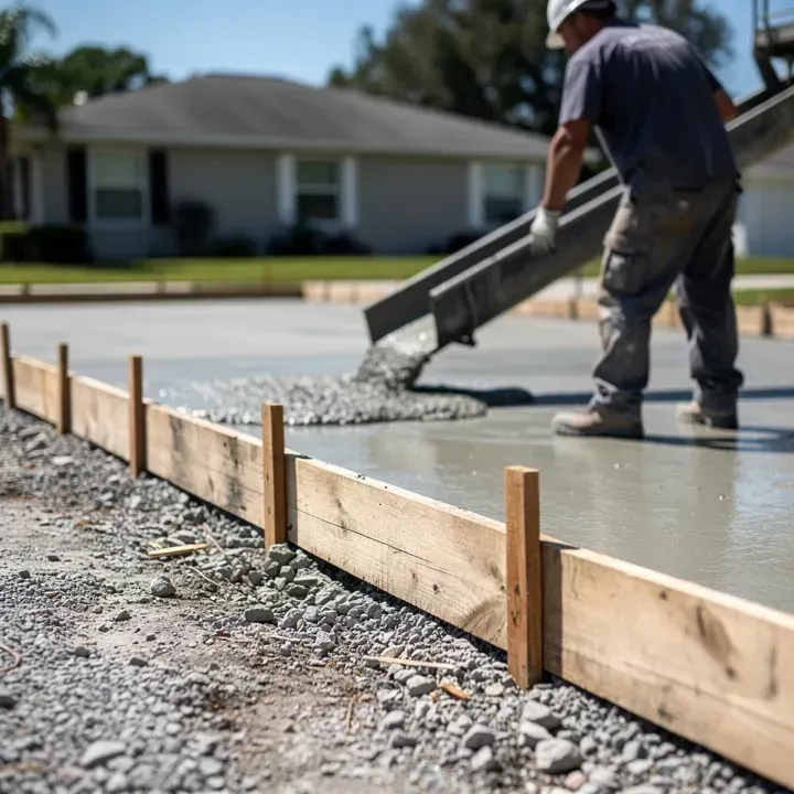 Fresh concrete being screeded by a contractor in the distance during a residential driveway installation in Kent, Ohio
