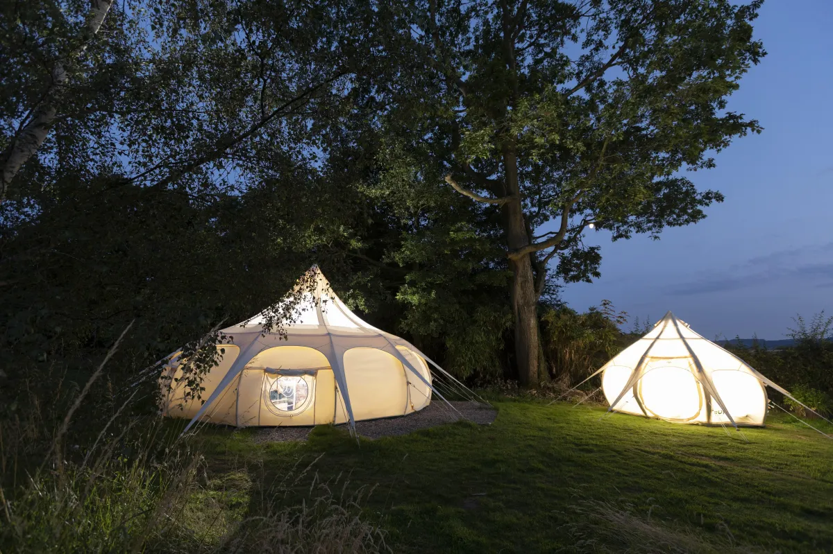 romantic glamping getaway tent, night time at  stargazer glamping, sheridan brown