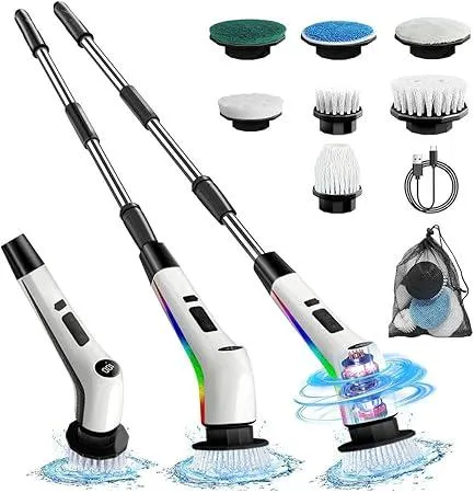 Electric Spin Scrubber Cordless,Lucklights Cleaning Brush Power Shower 7 Brush Heads 3 Speeds 120Mins Work Time Adjustable Extension Arm for Bathroom Tub Kitchen Floor Car
