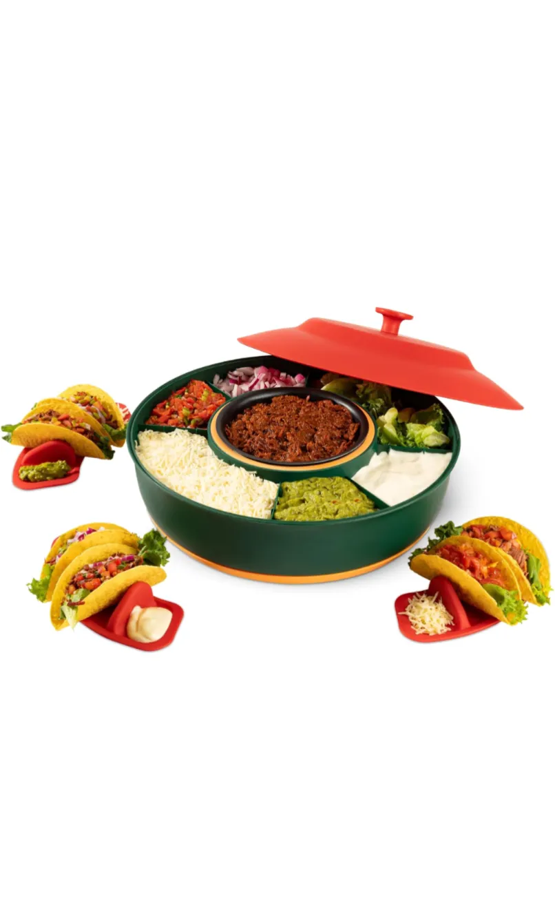 Taco Tuesday Kit - Taco Bar Serving Set for a Party - 30oz Heated Pot, 4 Taco Holders, & Detachable Lazy Susan Tray - Taco Night Fiesta – Unique Couple & Housewarming Gift Set Ideas