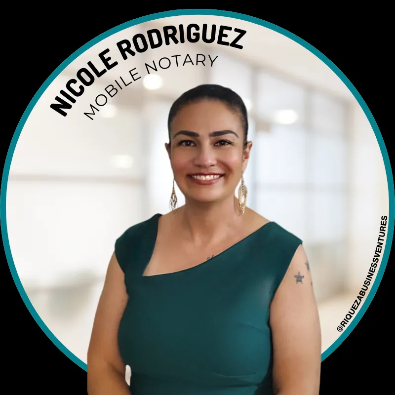 Nicole Rodriguez in a teal dress with a faded office background in a circle