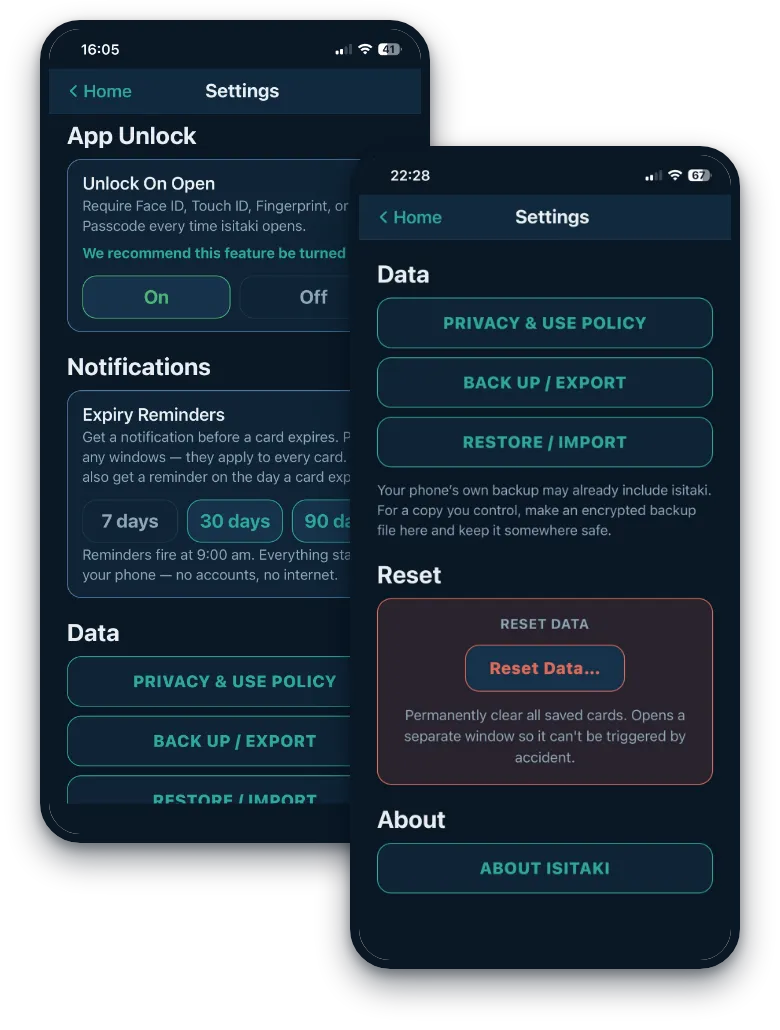 isitaki Settings: Face ID unlock, expiry reminders and backup