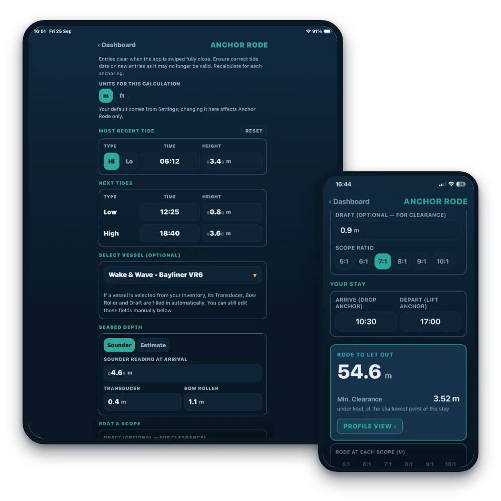 isiziba Anchor Rode calculator on iPad and the result on iPhone