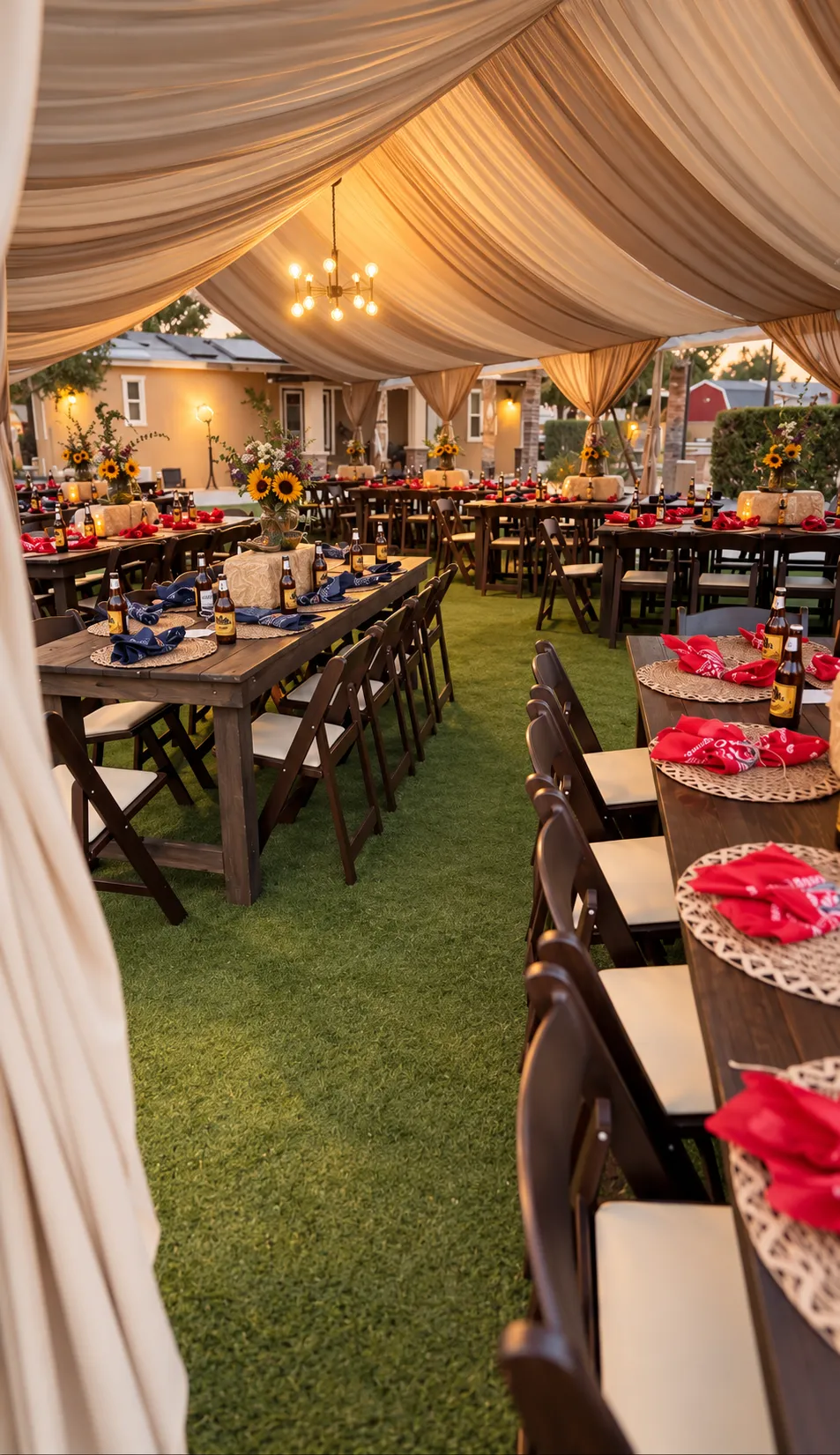 Lively outdoor patio dinner with string lights, rustic wooden tables, and friends celebrating a birthday