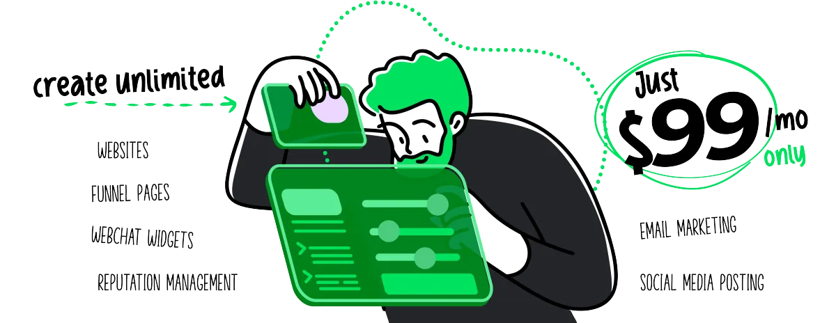 Create Unlimited Website, Funnel Pages,Web Chat Widgets, Email Marketing, Social Media osts, reputation Management for Just $99 per Mont only