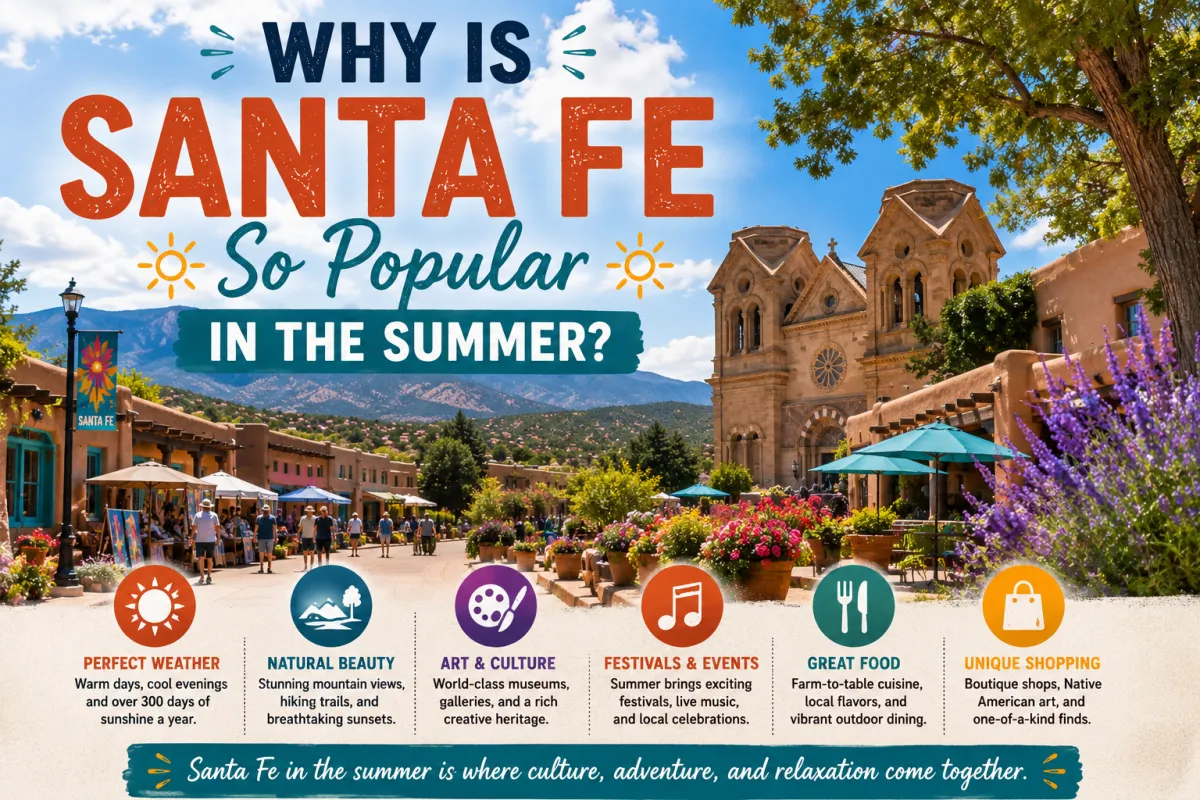 Santa Fe New Mexico in summer with adobe buildings and mountains